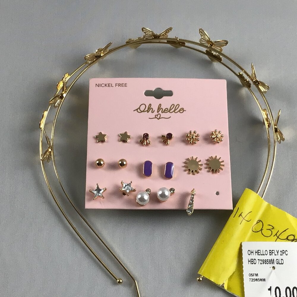 Oh Hello, Nickel Free, 8 Pair set of Earrings and 2 Golden Tone Headband Bundle